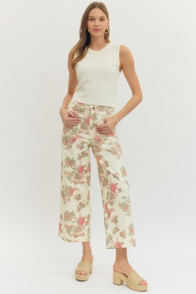 Cream Floral Mid-Rise Ankle Pant