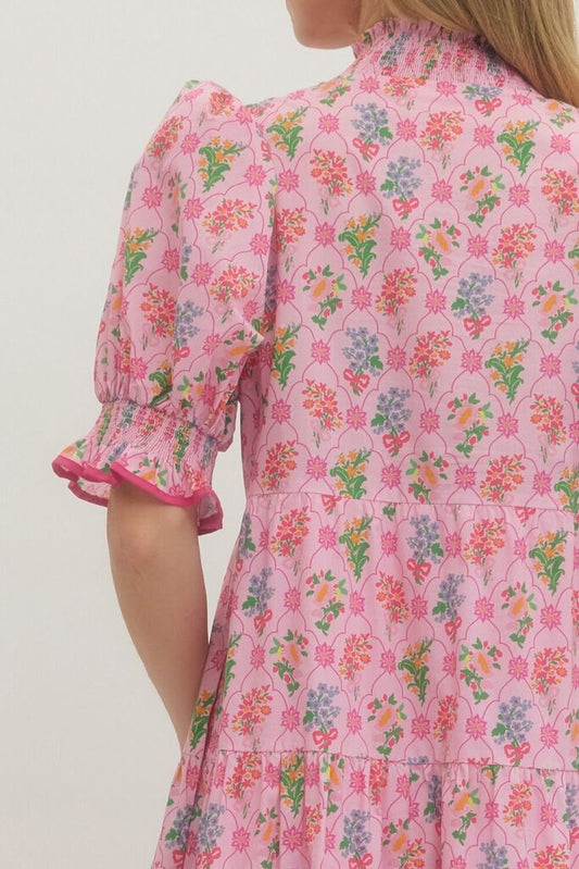 Pink Floral Puff Slv. Middi with Contrast Trim