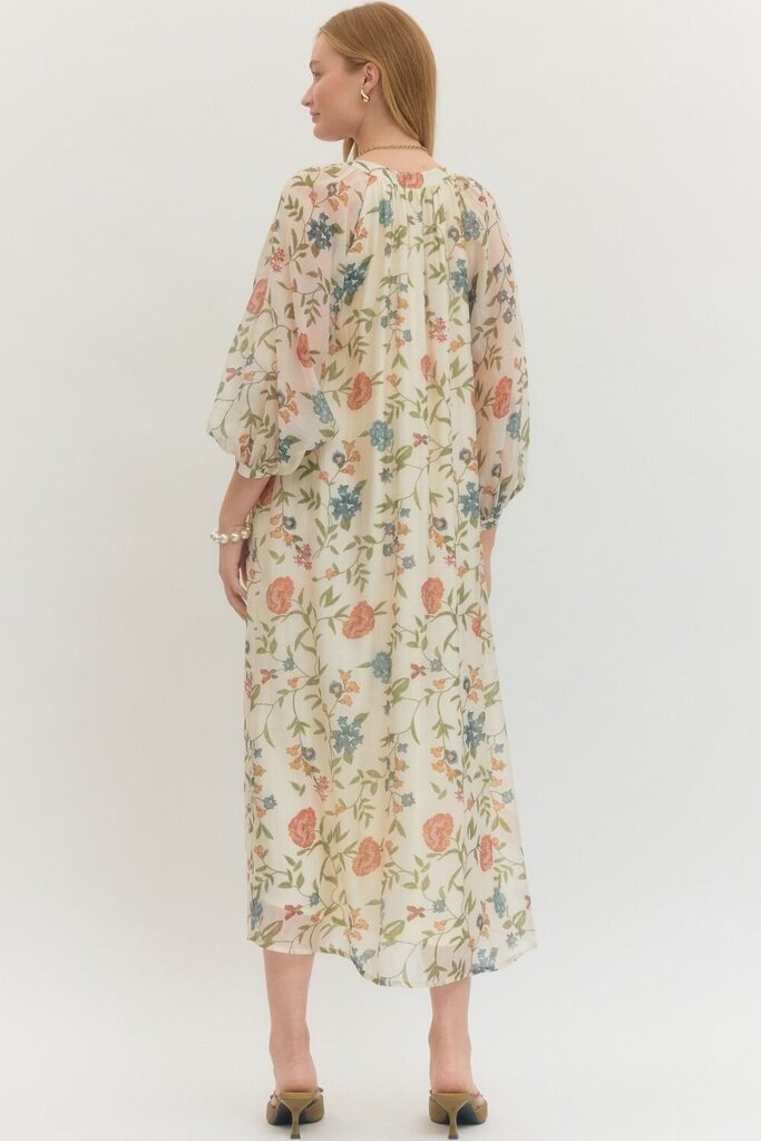 Ecru Floral V-Neck LS Midi