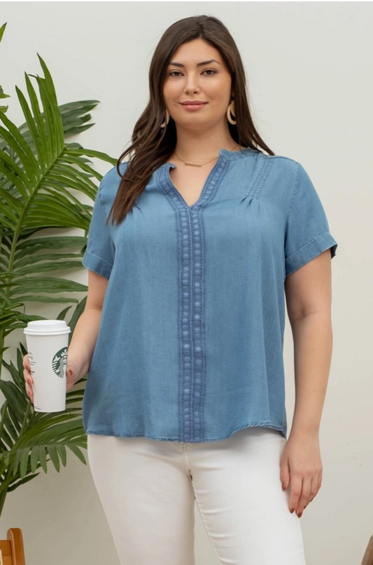 Curvy Lace Trim Chambray Top