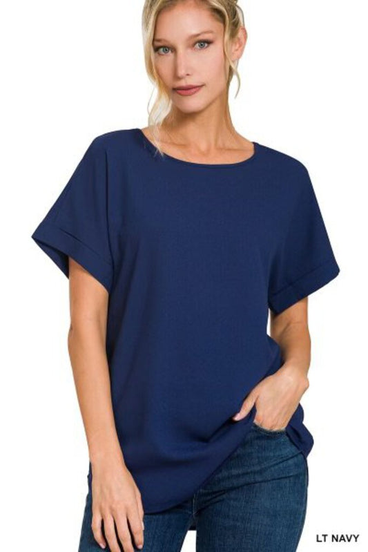 NAVY Dobby Rolled Sleeve Top