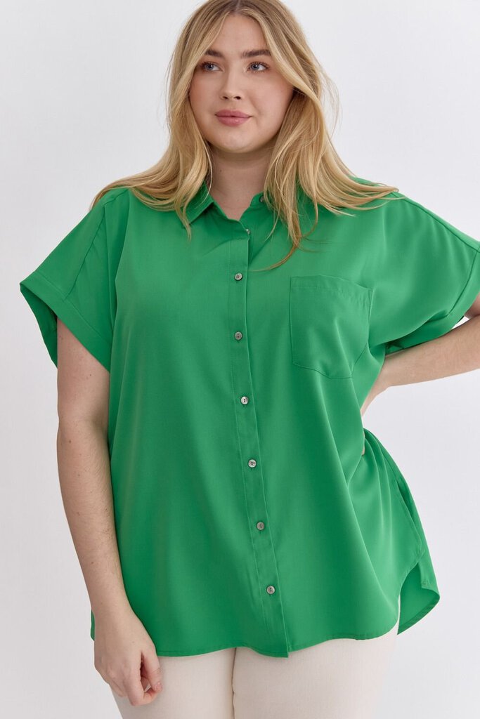 Curvy Green Cap Sleeve Button Up