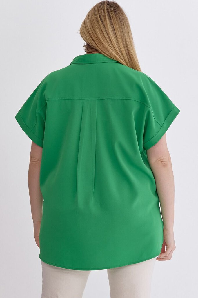 Curvy Green Cap Sleeve Button Up