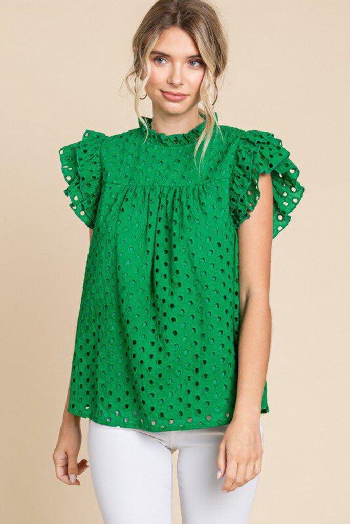 Eyelet Flutter Green Top