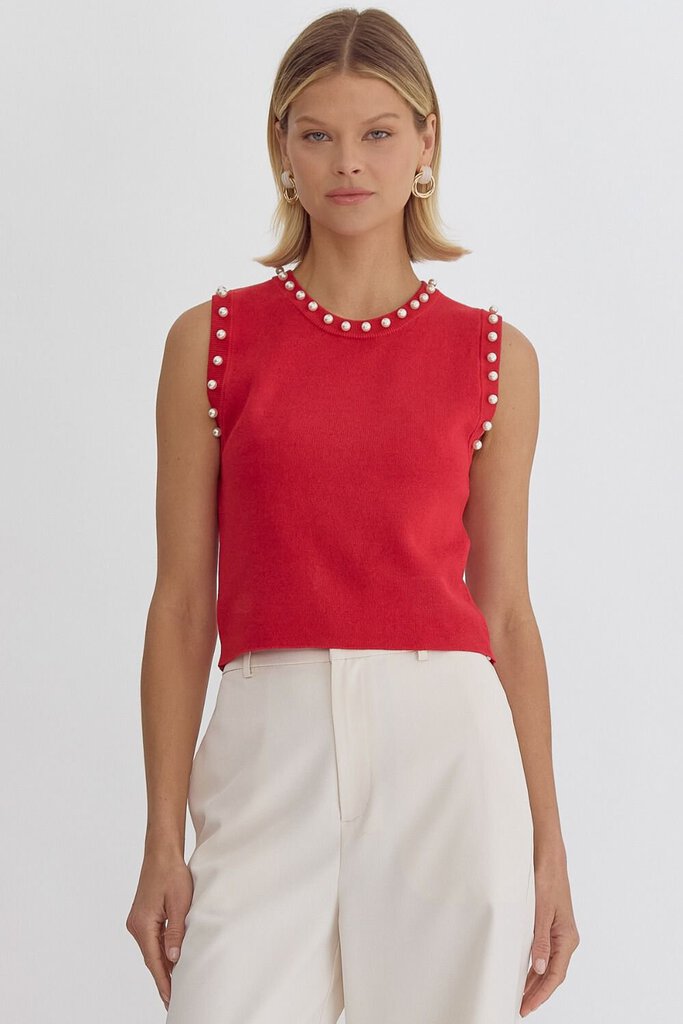 Red Knit Tank with Pearls