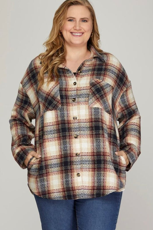 Button Down Plaid Shacket Navy