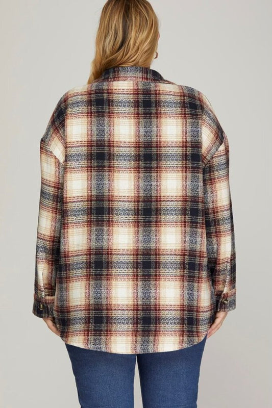 Button Down Plaid Shacket Navy