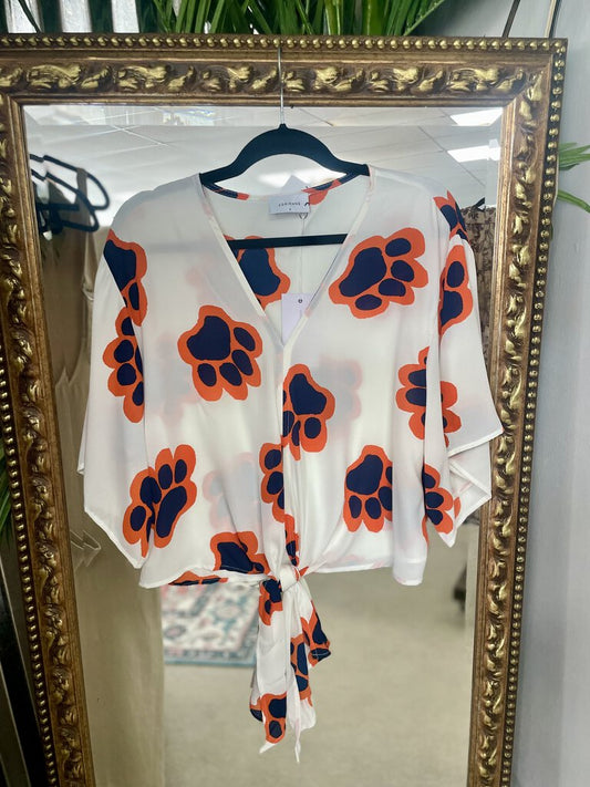 Front Tie Kimono Sleeve Top - Auburn Paw