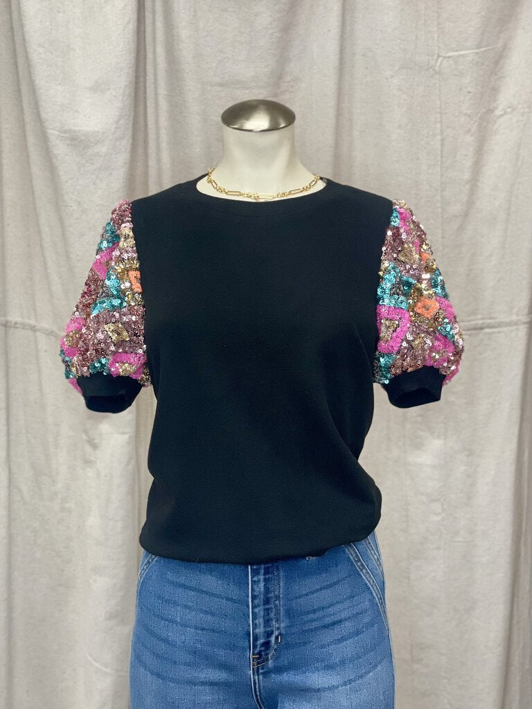 Black Sequin Slv Top