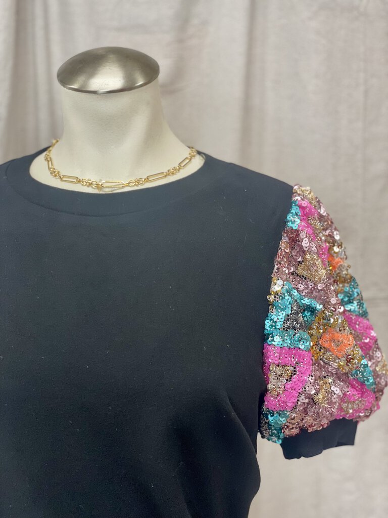 Black Sequin Slv Top