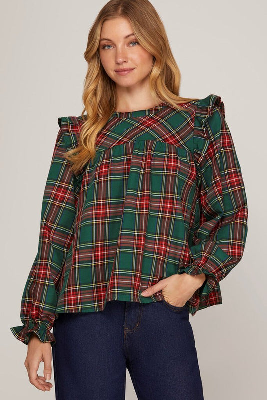 Ruffled Long Sleeve Plaid Top