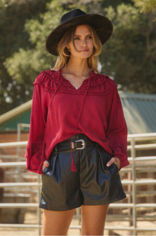 Red LS Blouse with Tassel Trim