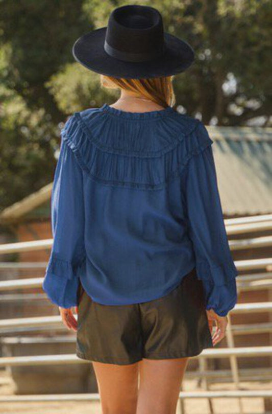 Teal LS Blouse with Tassel Trim