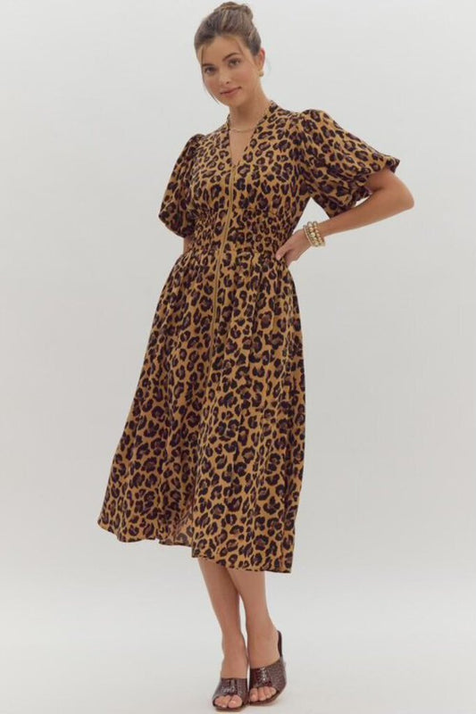 Curvy Brown Cheetah Dress with puffy sleeves