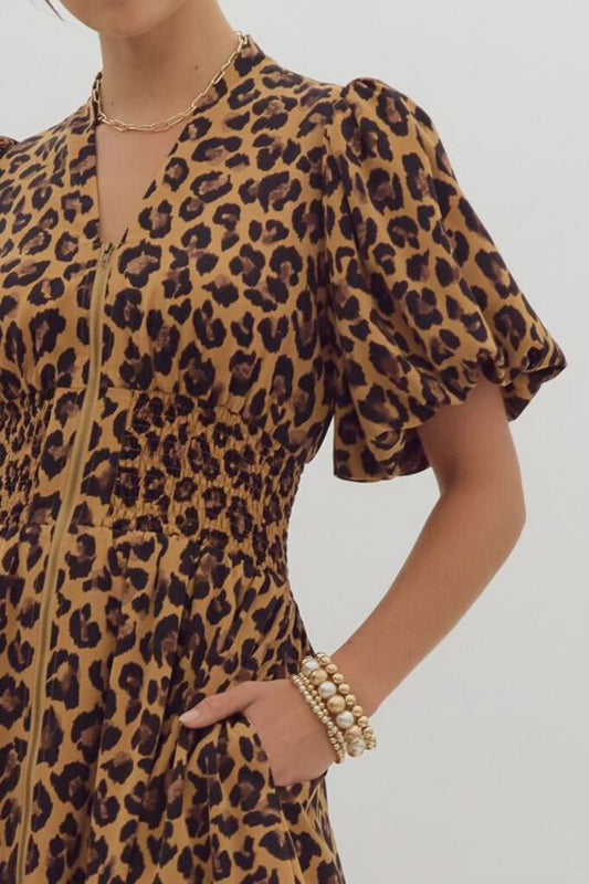 Brown Cheetah Dress with puffy sleeves