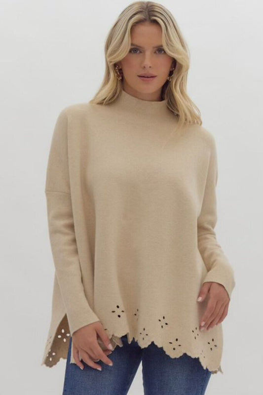 Eyelet Cutout Mockneck Sweater