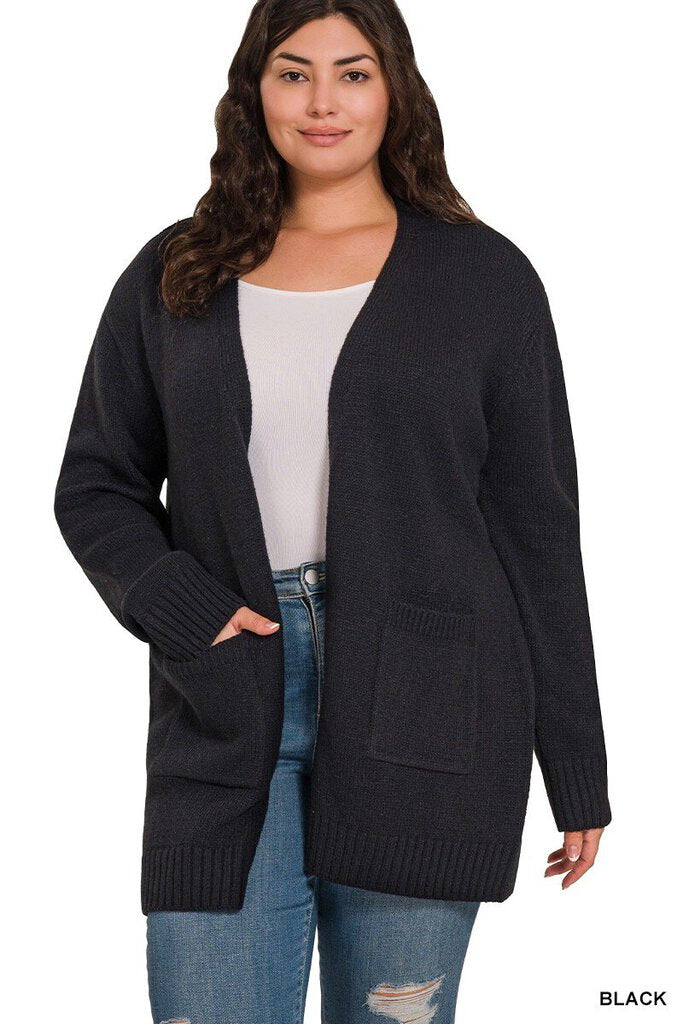 Curvy Open Front Sweater Cardigan BLACK