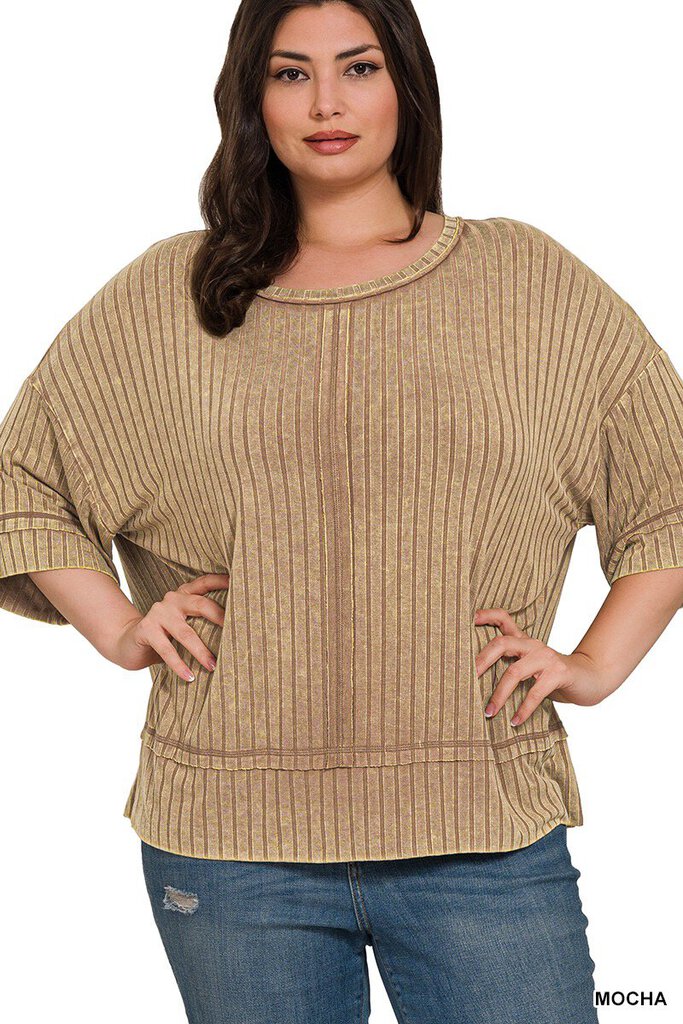 Curvy Ribbed Drop Shoulder Top