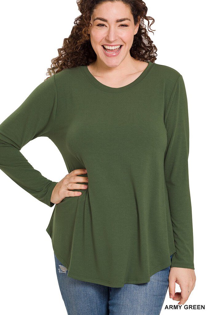 Curvy Army Green LS Round Neck Top