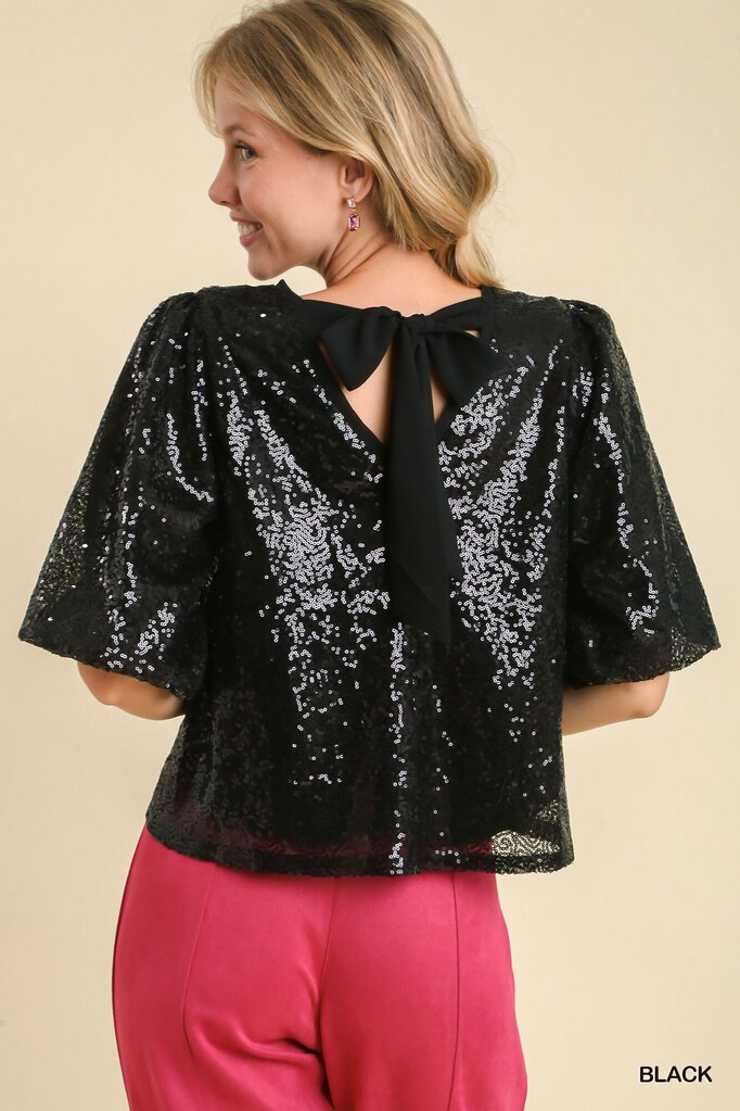 Black Sequin Top With Bow