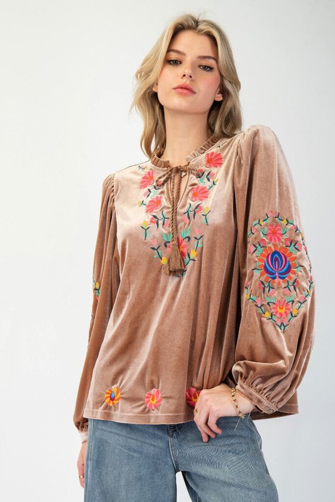 LS Latte Embroidered Velvet Top