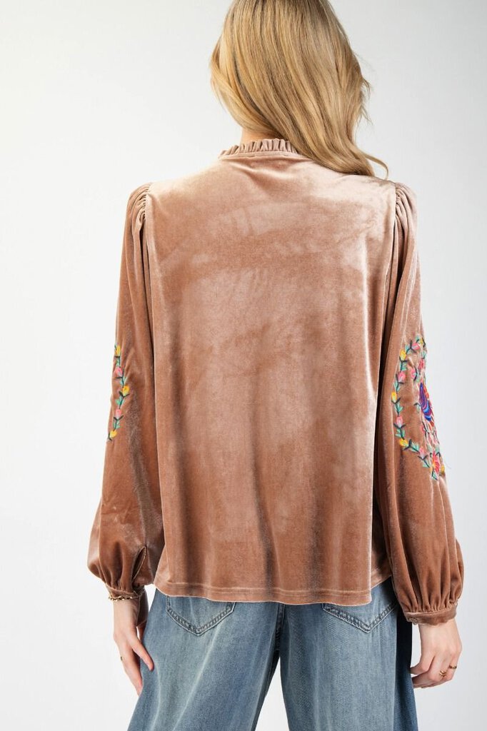 LS Latte Embroidered Velvet Top