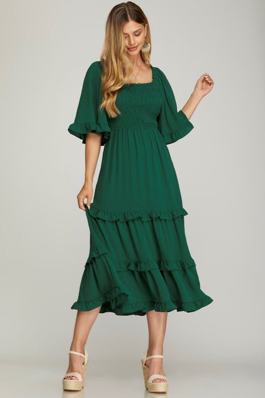 Green Bell Sleeve Smocked Tier Midi