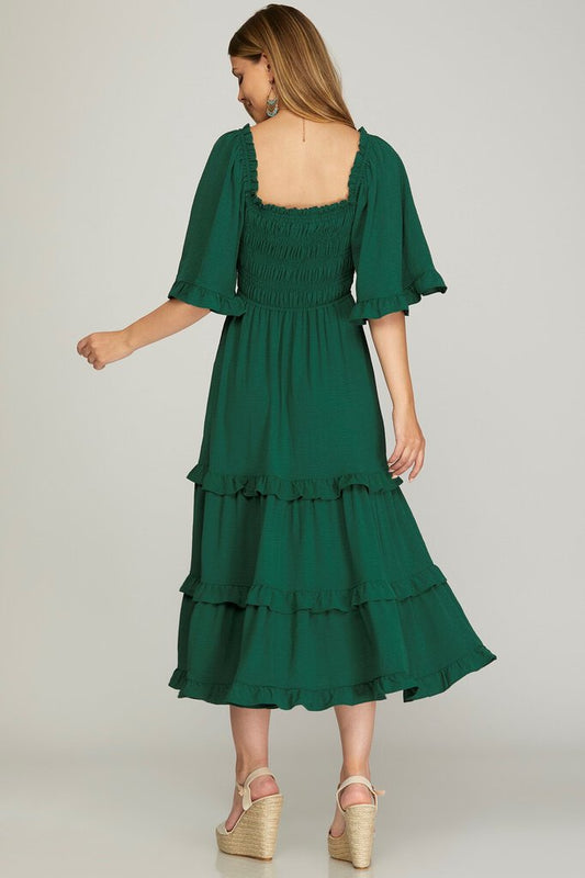 Green Bell Sleeve Smocked Tier Midi