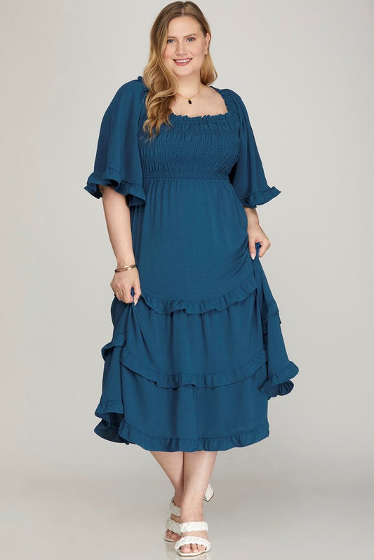 Curvy Bell Sleeve Smocked Tier Midi