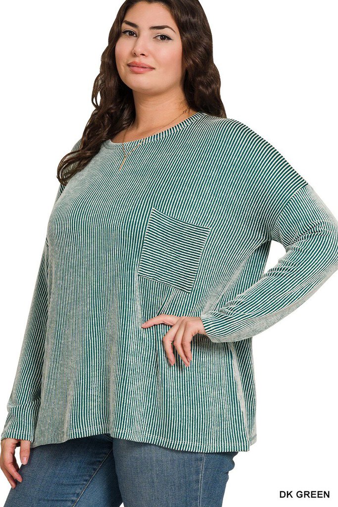 Ribbed Striped Oversized LS Top DK GREEN