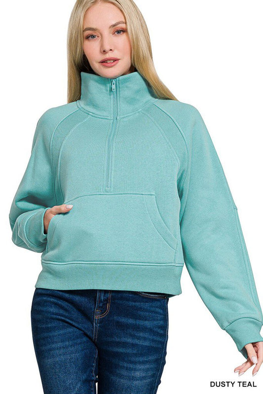 Fleece Half Zip Kangaroo Pocket Sweatshirt, Dusty Teal