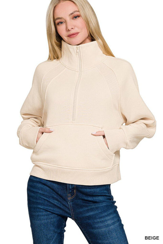 Fleece Half Zip Kangaroo Pocket Sweatshirt, Beige