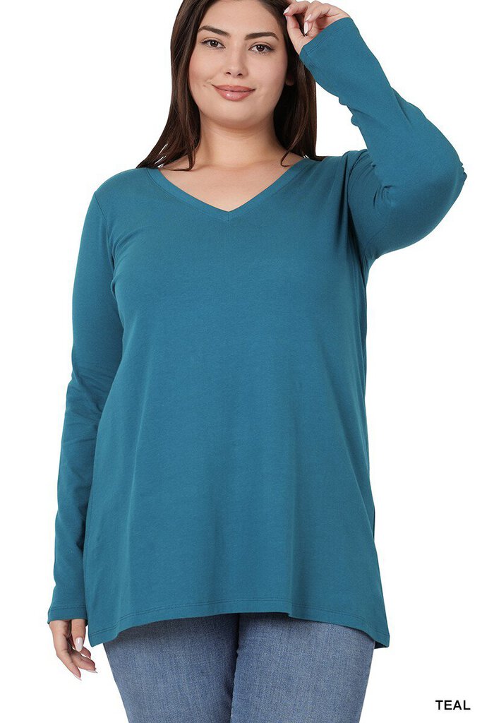 Teal Cotton V-Neck Long Sleeve T-Shirt