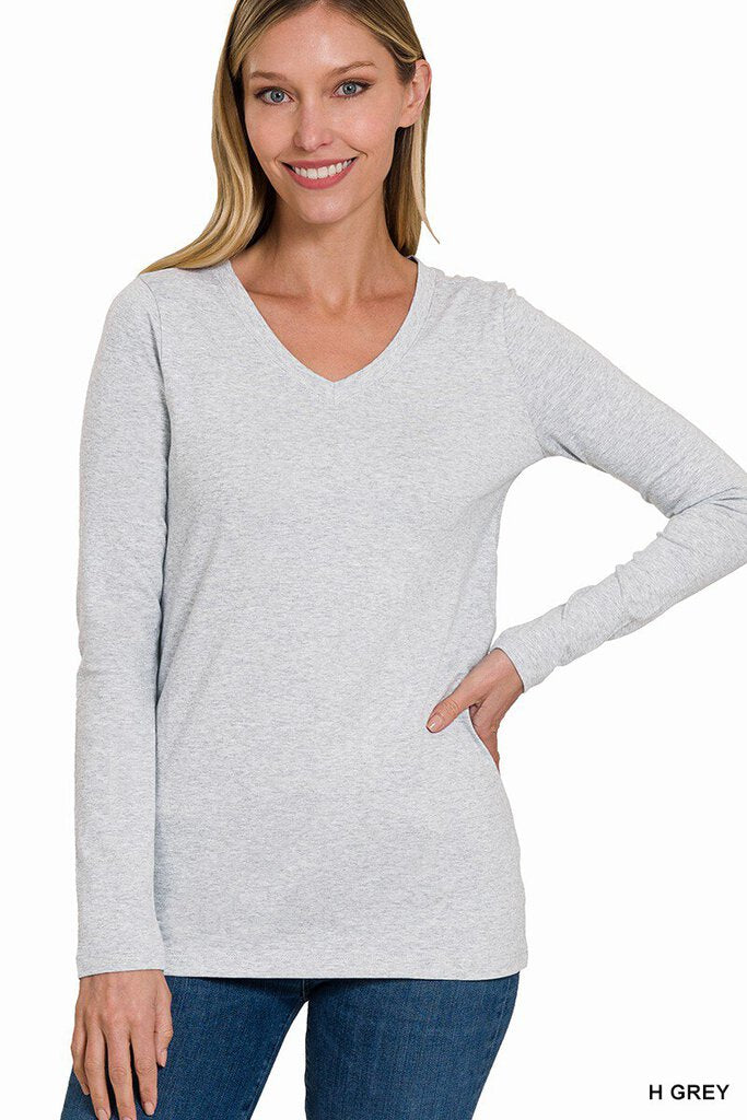 Cotton V-Neck Long Sleeve Grey T-Shirt