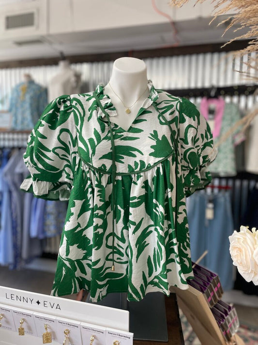 Front Tie Floral Green Top