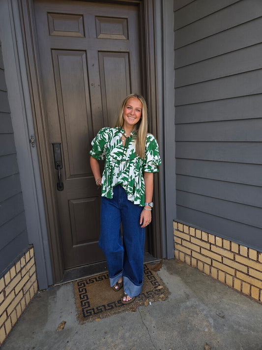 Front Tie Floral Green Top