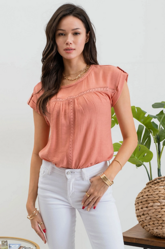 lace trim roll tab sleeve blouse