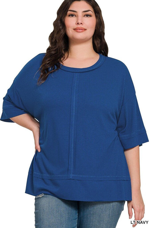 LT NAVY Ribbed Boat Neck 3/4 Slv Top