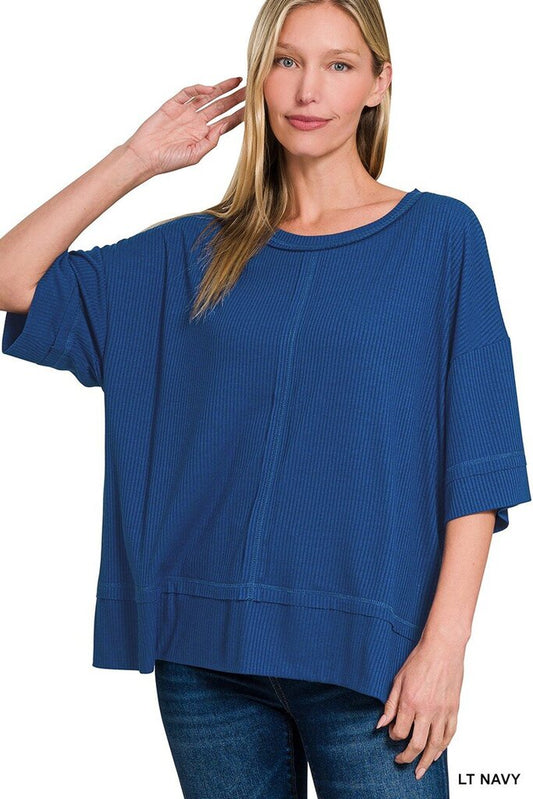LT NAVY Ribbed Boat Neck 3/4 Slv Top