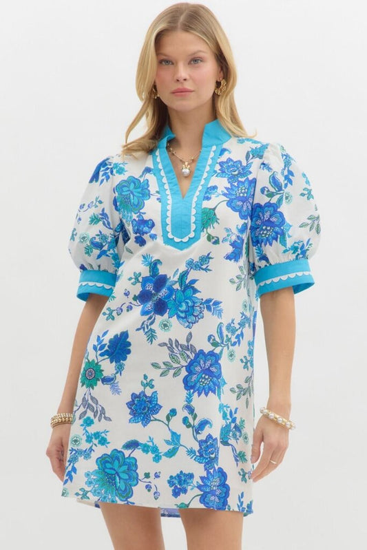 Blue Floral Scalloped Edged Mini Dress