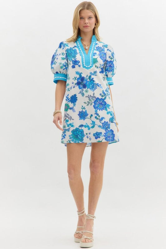 Blue Floral Scalloped Edged Mini Dress