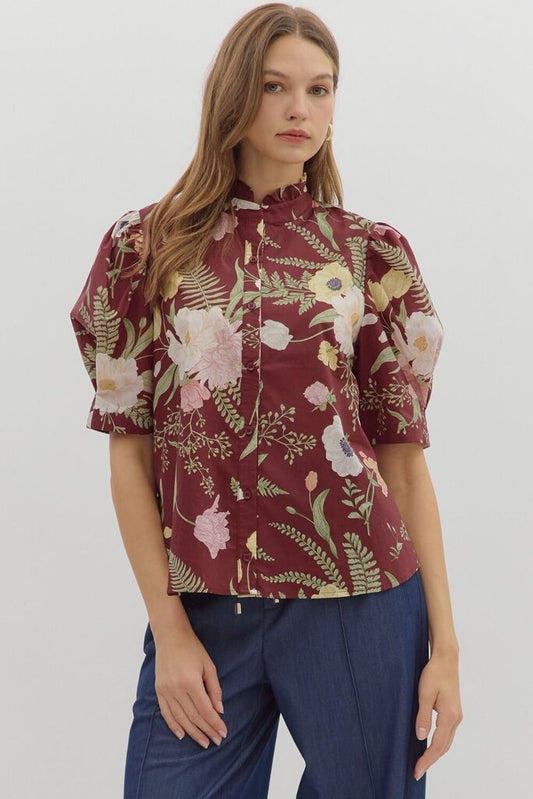Button Down Floral Merlot Blouse