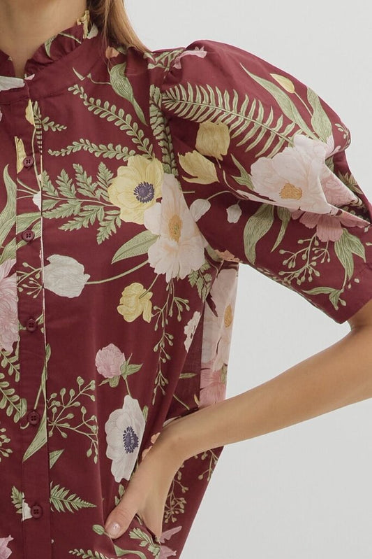 Button Down Floral Merlot Blouse