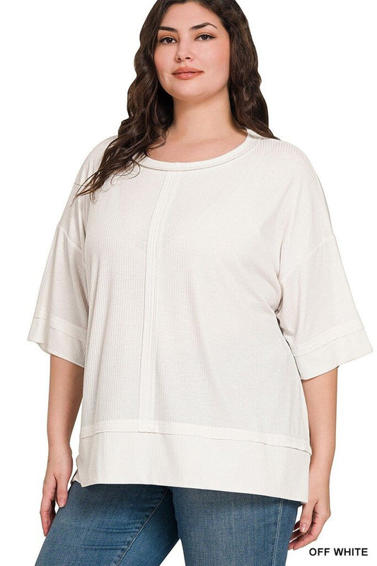 WHITE Ribbed Boat Neck 3/4 Slv Top