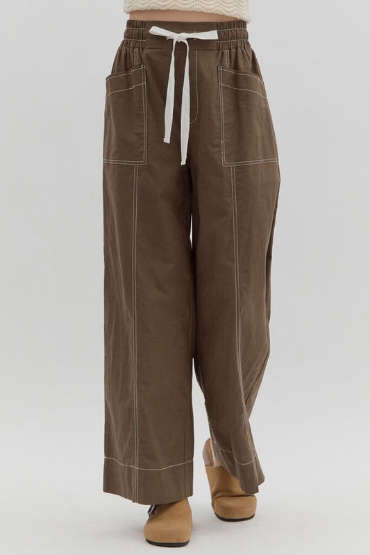 Wide Leg Stitch Detail Pants BROWN