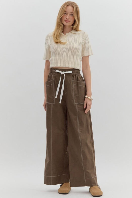 Wide Leg Stitch Detail Pants BROWN