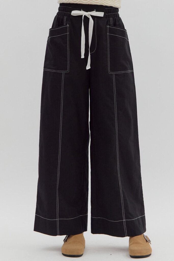 Wide Leg Stitch Detail Pants BLACK