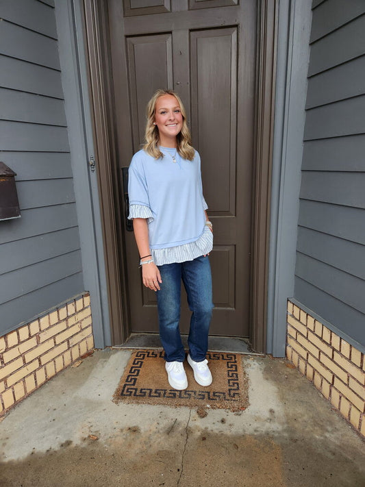 Light Blue Contrast Ruffle Top