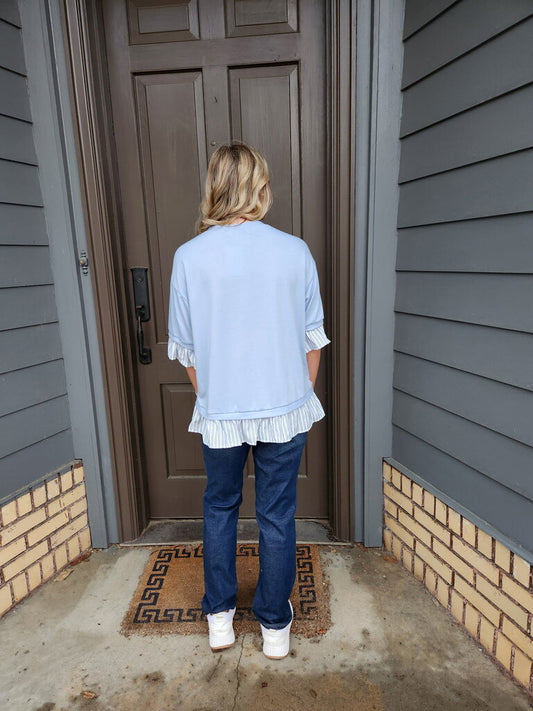 Light Blue Contrast Ruffle Top