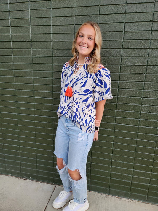 Smocked Neck/Shoulder Printed Top